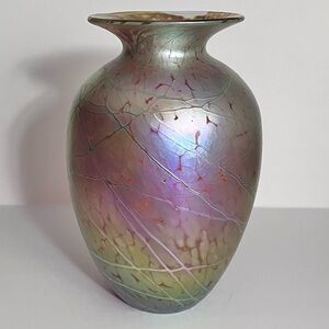 Tim Lazer ART GLASS VASE / 8.75 Inches / GOLD With PEACOCK IRIDESCENT Highlights